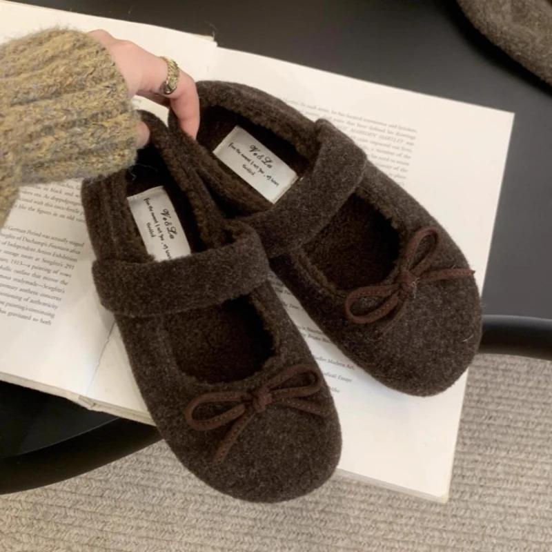 Fashion Women's Felt Mary Jane Shoes with Bow Detail Cozy and Cute Flat Shoes Woolen Fabric Flats Ladies Comfort Outdoor Warm Cotton