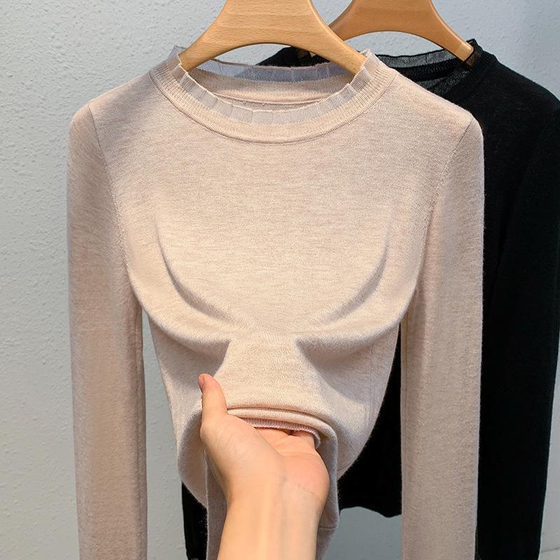 Bottom Shirt Women's New Women's Clothing Lotus Leaf Collar Splicing Pullover Sweater Thin Inner Belly Cover Top