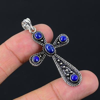 Lapislázuli Natural Hecho a Mano Plata de Ley 925 Regalo Colgante de Cruz 2.10" u3Z69