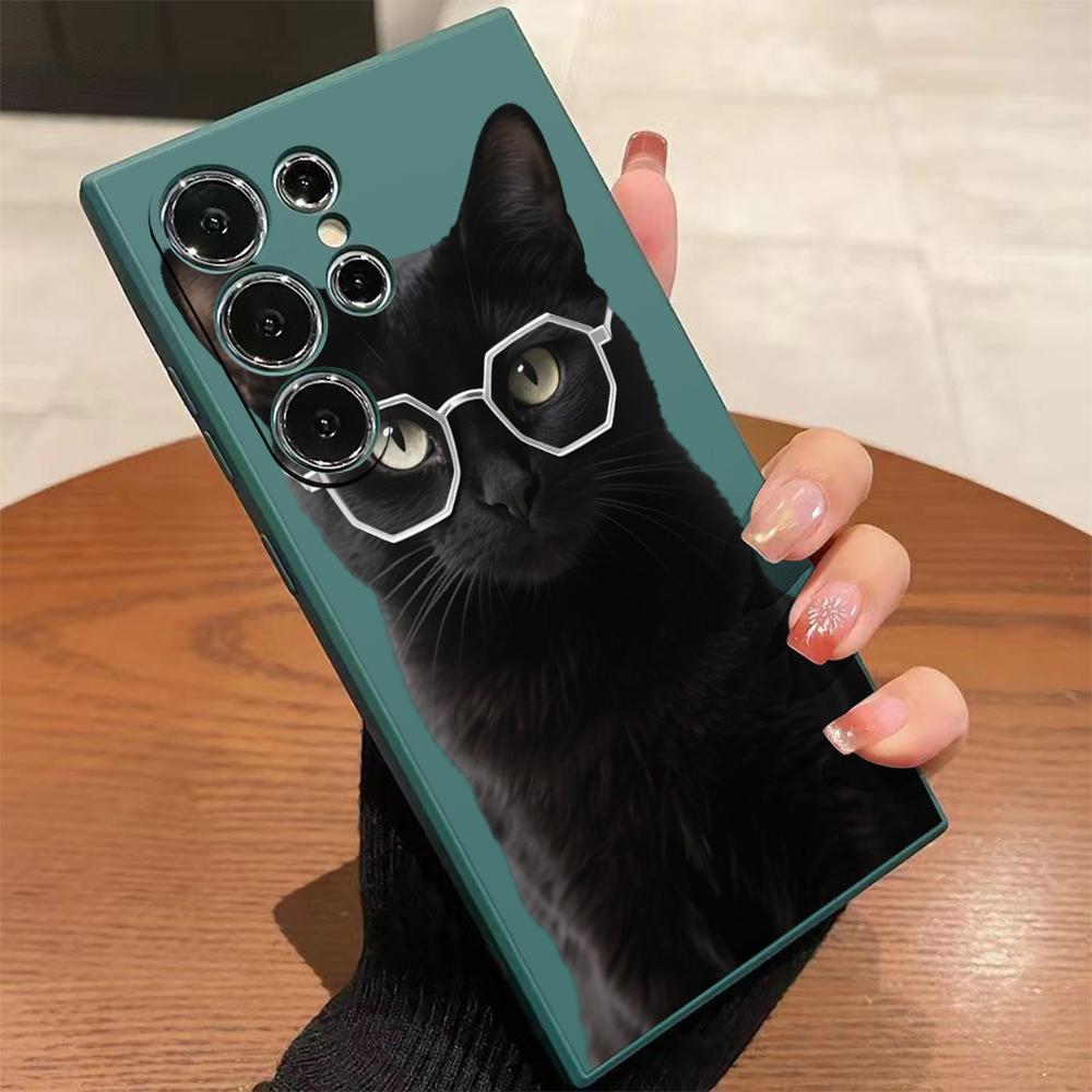 Black Cat In Hexagonal Glasses Case for Samsung Galaxy S25 S24 Ultra S23 S22 S21 S20 FE Plus Soft TPU Slim Fit Shockproof Cover