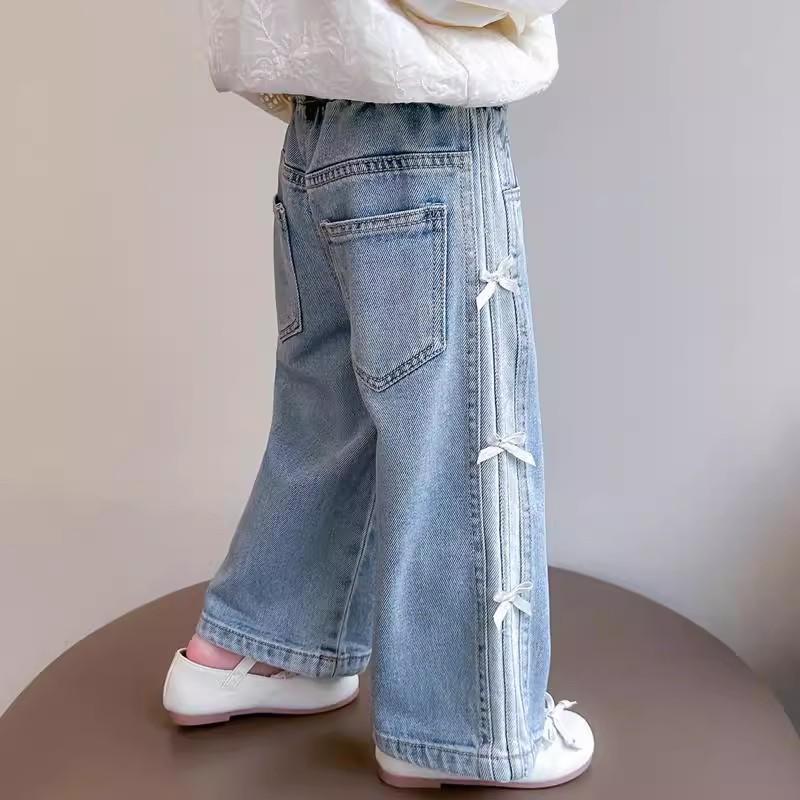 Baby Girls Bow Jeans Kids Spring Autumn Loose Long Pants Children's Straight Wide Leg Trousers Toddler Casual