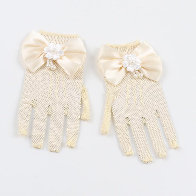 Flower Girl Wedding Gloves - Princess Bow Elastic Fishnet for Toddlers & Kindergarten Performances