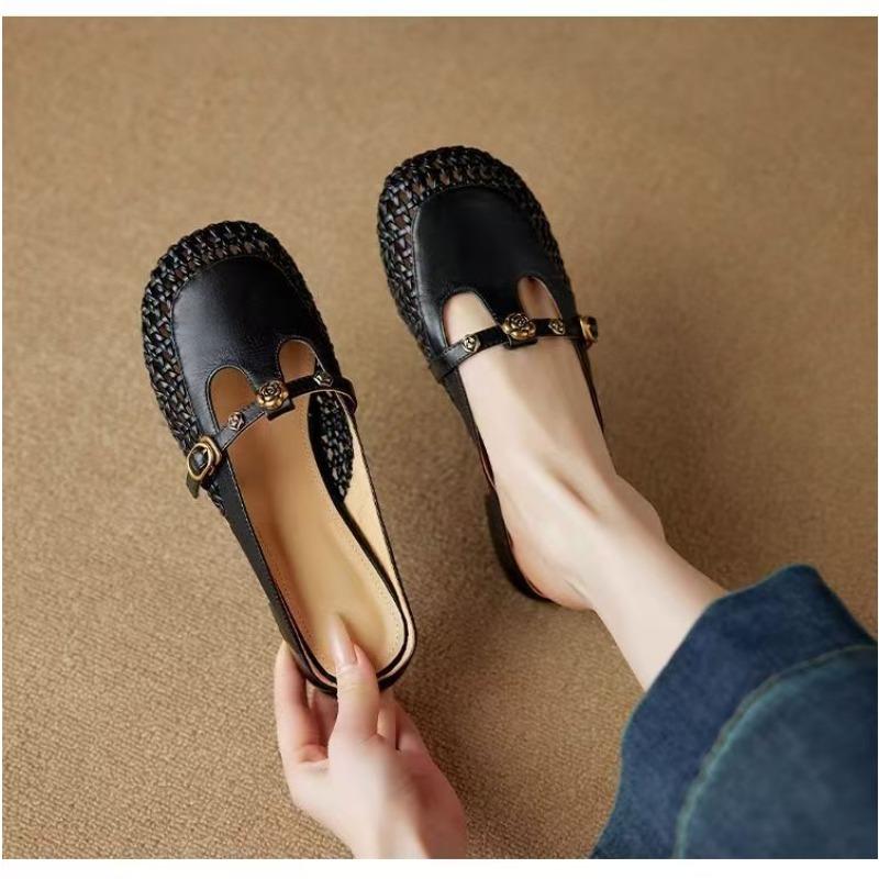 Woven hollow flat-soled sandals breathable soft leather inner heightening characters with flower bag head half slippers women's summer wear