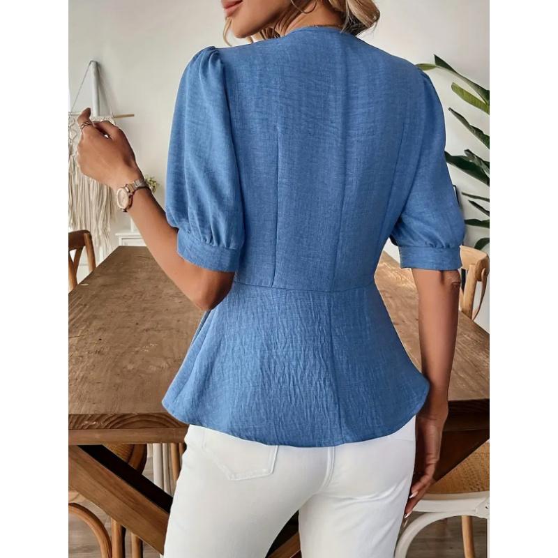 Abbigliamento Donna Camicia Estiva con Elegante Scollo a V Maniche Corte Gonfie Monocolore Vestibilità Slim Camicetta per Signore