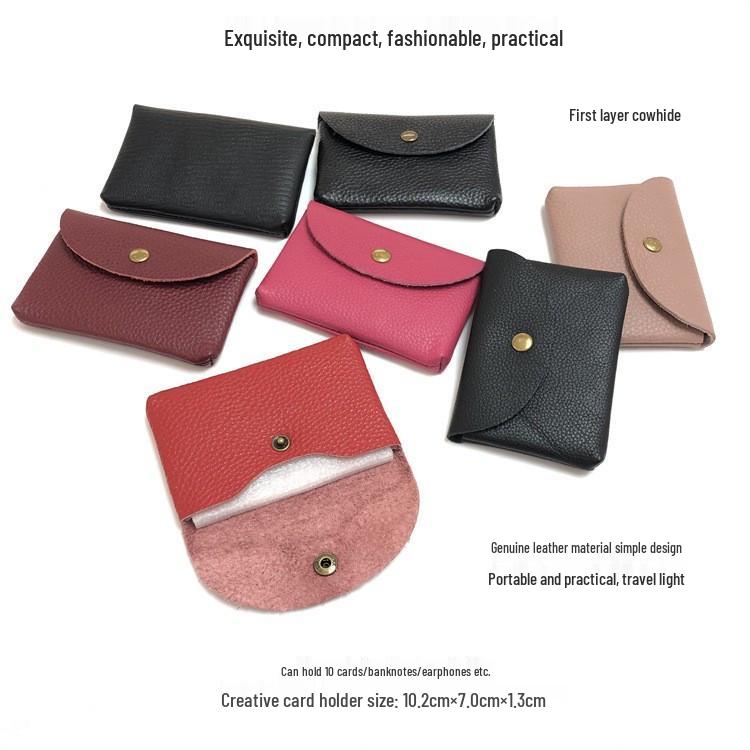 Top Grain Leather Snap Closure Coin Purse & ID Holder, Mini Lychee Pattern Card Holder for Men & Women