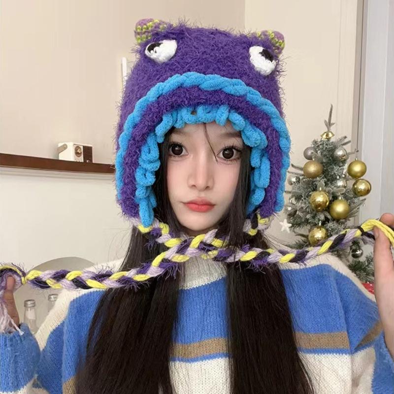 Winter Warm Plush Hat for Women Funny Monsters Hat Hooded Skull Hat Outdoor Activity Cap Windproof Headwear Pullover Hat
