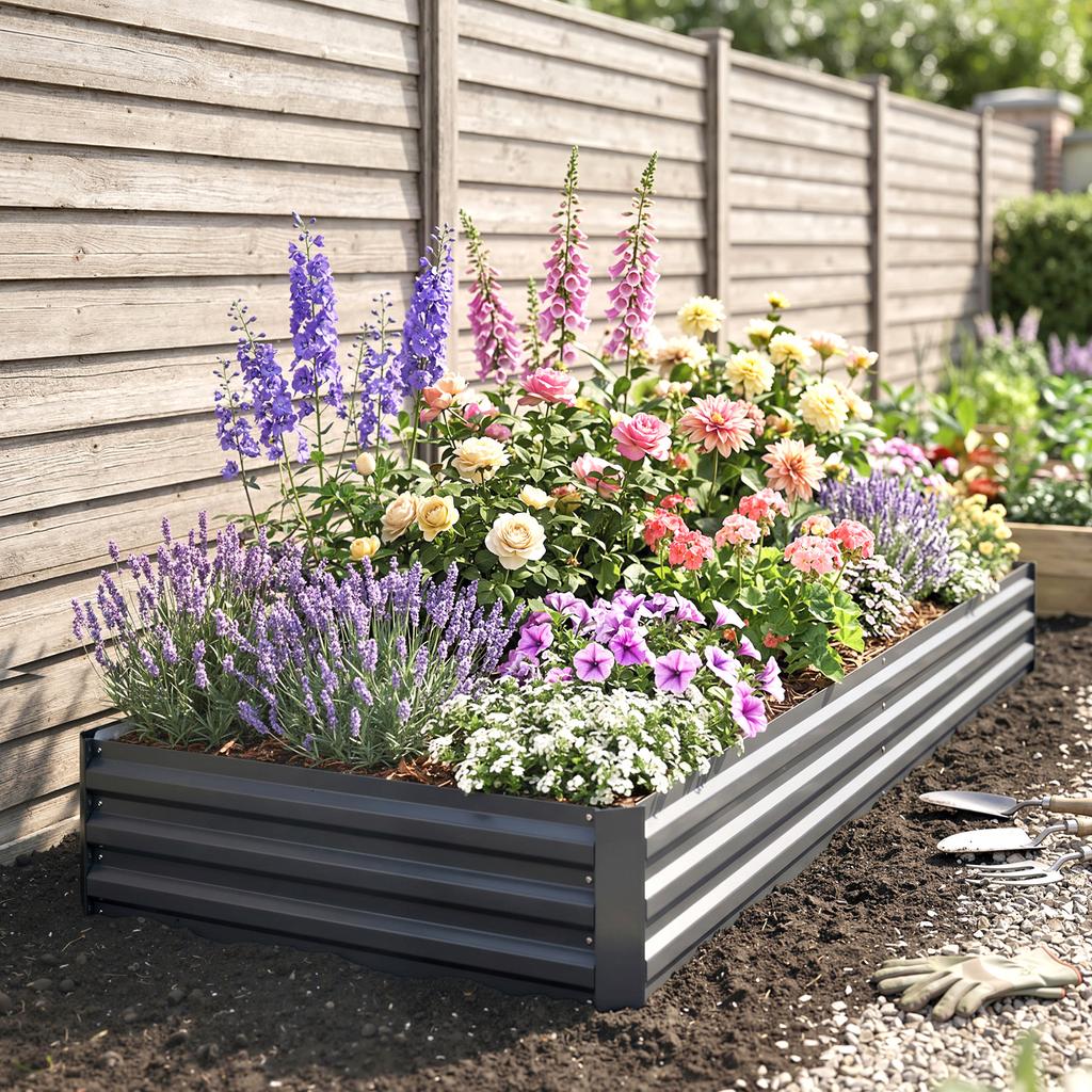 Metal Raised Garden Bed Planter Box Outdoor Planters for Growing Flowers, Herbs, Grey, 241x90.5x30cm