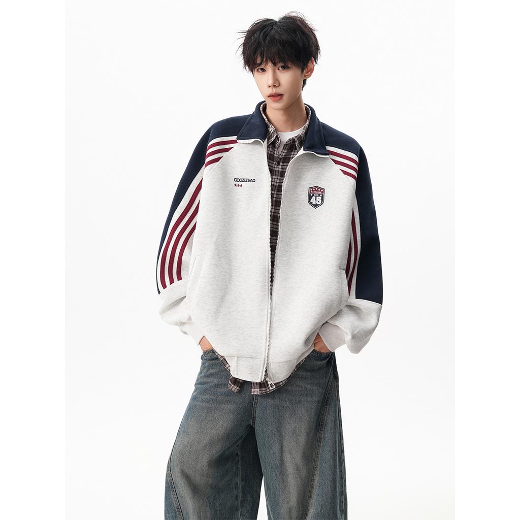 American striped contrasting stand-up collar men's trendy brand college style loose casual versatile sports cardigan Wei jacket