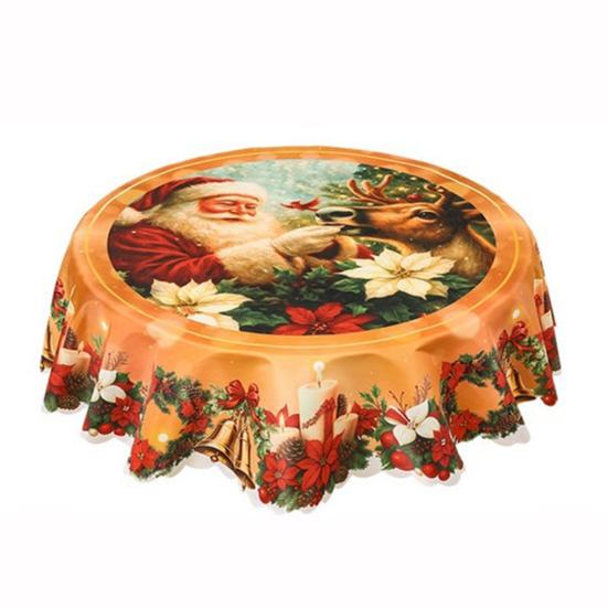Christmas Round Tablecloth 60 Inch Wrinkle-Free Santa Claus Table Cover Retro Tablecloth Winter Decoration for Home Dining Table