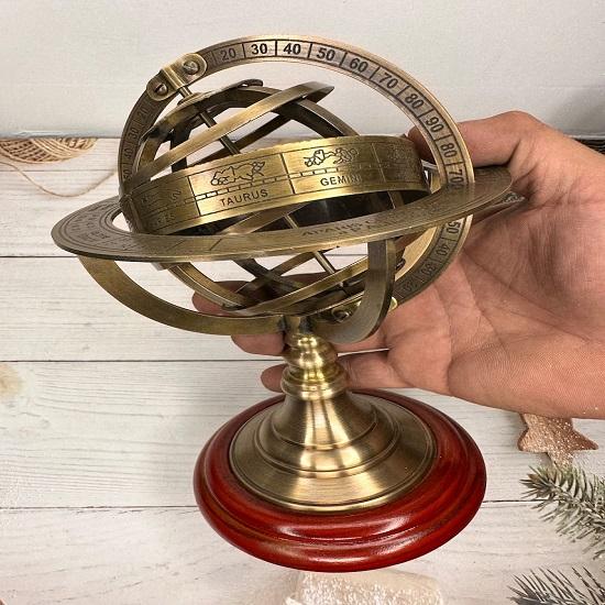 Set Of 2 Brass Armillary Sphere Astrolabe Nautical Marine Tabletop Globe  Sphere  Spherical 15.24 Cm and 20.32 Cm