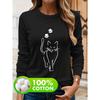 Women's spring and autumn comfortable casual fashion long sleeved cat graphic printed round neck T-shirt