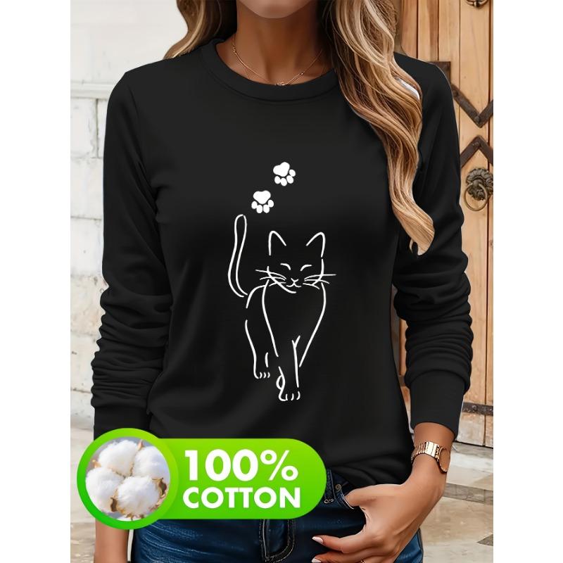 Women's spring and autumn comfortable casual fashion long sleeved cat graphic printed round neck T-shirt