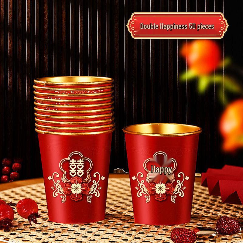 Luxurious Gold Thickened Disposable Wedding Cups - Elegant Red Tea Cups for Banquets & Household Use