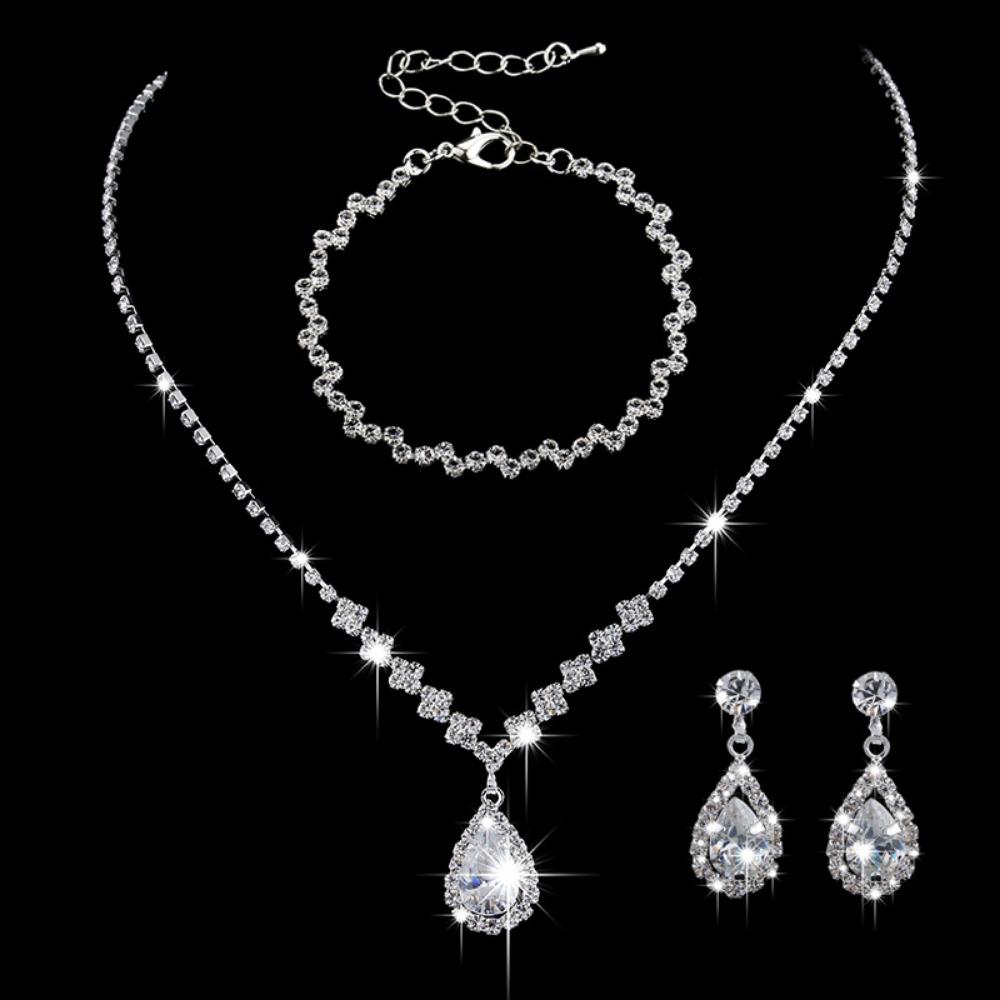 Bright Diamond Zircon Water Drop Necklace Earrings Wedding Jewelry, Shooting Jewelry Set