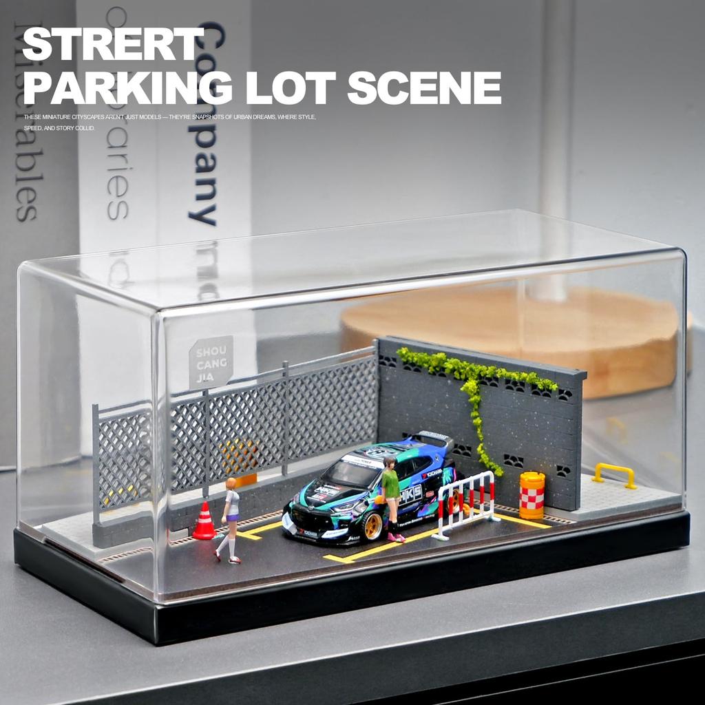 Shoucangjia Display Case for Tomica, Hot Wheels, Matchbox Cars 1:64 Scale Model Garage with Dust Cover, Street Fence Scene Diorama Parking Showcase