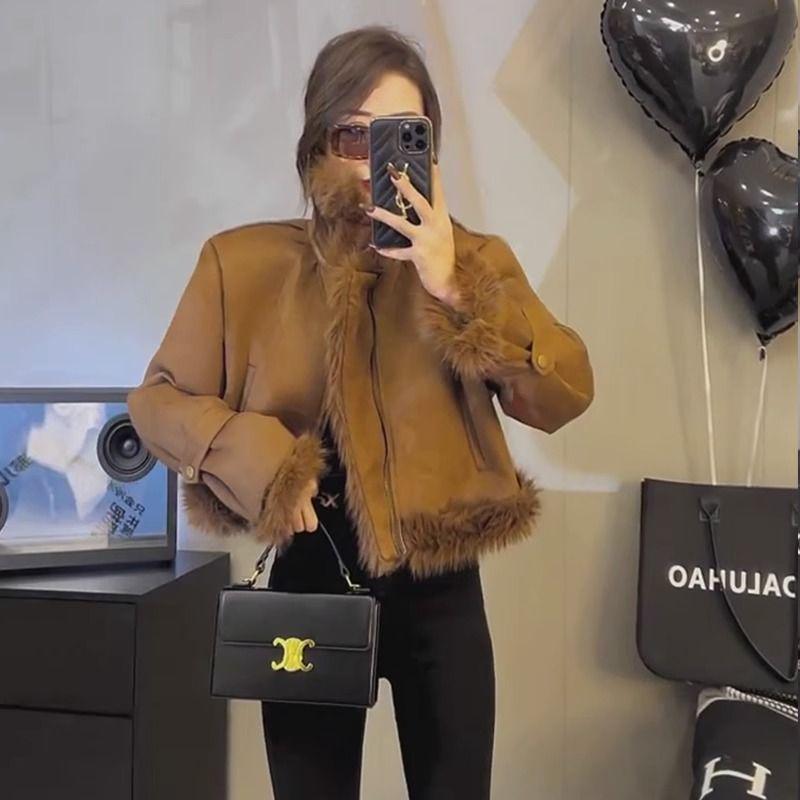 Women's Early Spring 2025 Imitation Fox Fur Petite Motorcycle Jacket