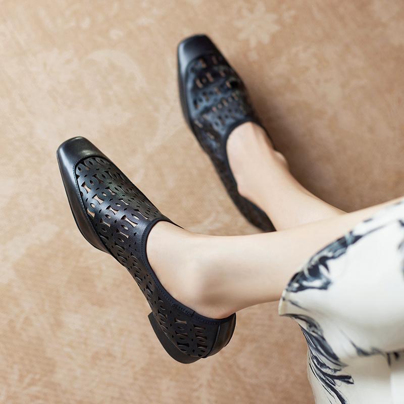 Fashion Design Women Pumps Low Heels Square Toe Genuine Leather Spring Summer Concise Office Lady Working Hollow Out Shoes Woman