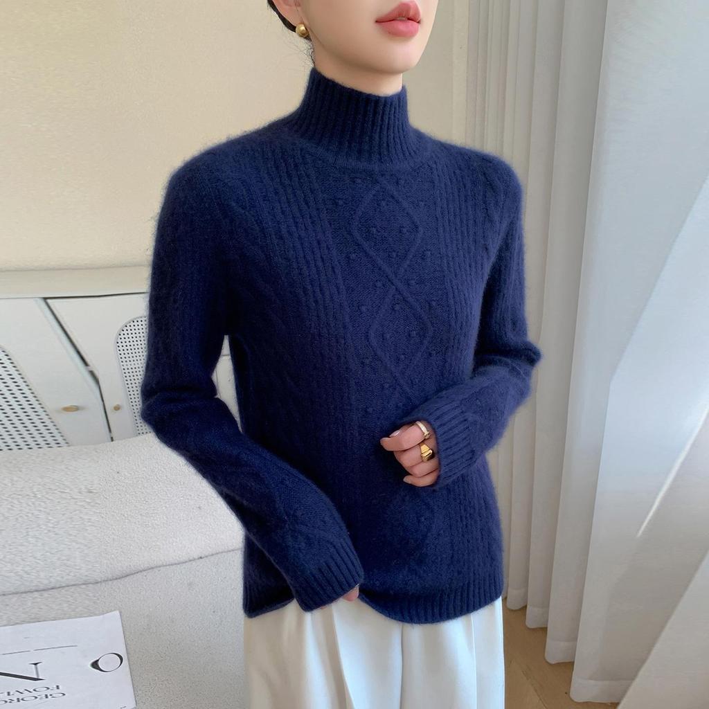 2025 Autumn/Winter Women's High Neck Cashmere Diamond Cable Knit Sweater - Thick and Loose Knit Pullover