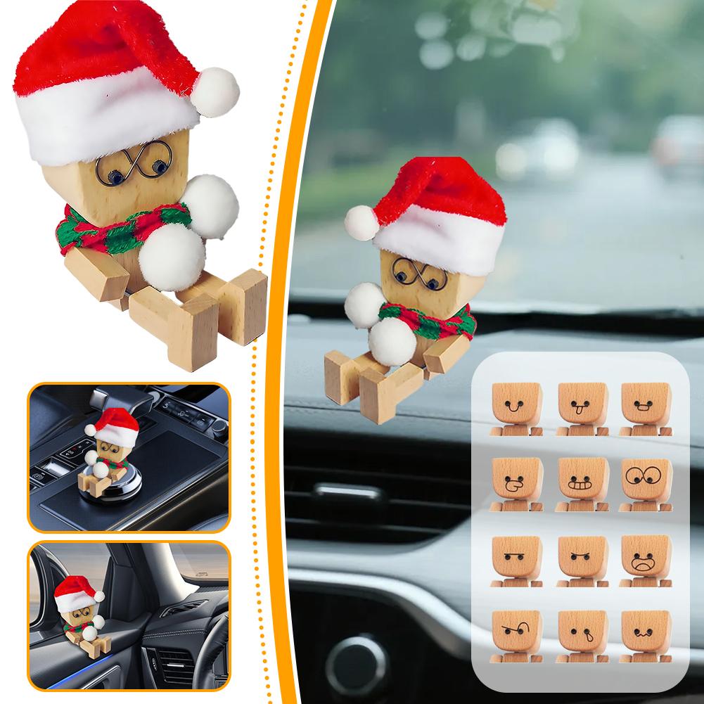 1PCS Christmas Style Wooden Man Car Decor Ornament Swinging Leg Stress Relief Toy Natural Wood Auto Interior Accessories