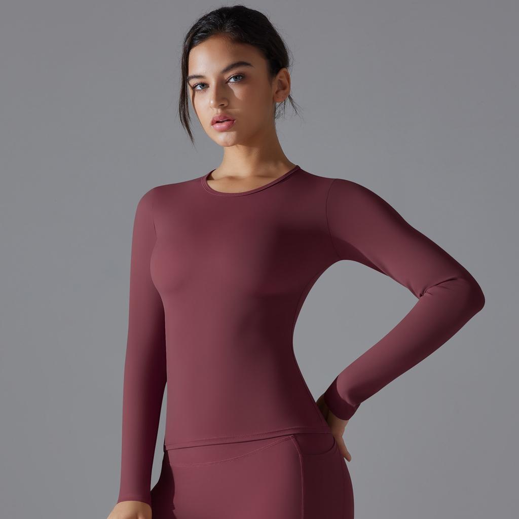 New Double-sided Brushed Solid Color Long Yoga Suit With Long Sleeves, High Elasticity And Breathability For Sports Running