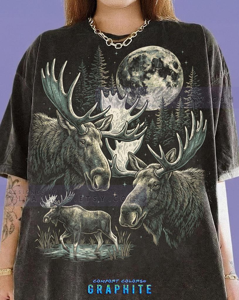 Moose Wildlife Nature Animal Lover Hunter Night Forest Comfort Colors® Tshirt, Full Moon Vintage Wilderness Retro Outdoors Bootleg 90s Tee