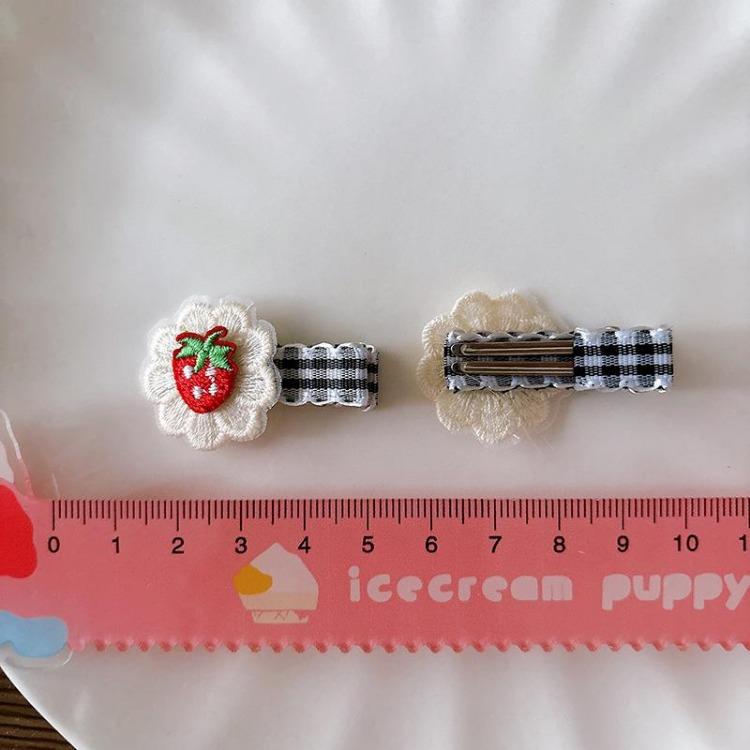 2pcs Korean Style Red Black Plaid Hairpins Strawberry Cherry Embroidery BB Clip Children's Hair Clip Bangs Clip Hair Accessories