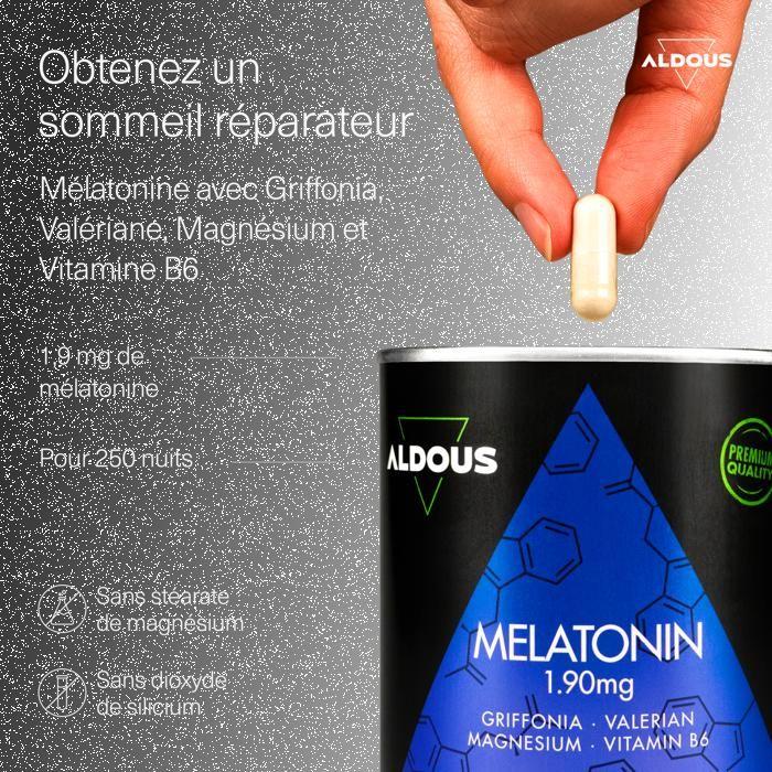 Aldous bio - mélatonine 1,9 mg - 250 nuits - avec 5htp, magnésium, valériane, vitamine b6 – pilules pour bien dormir, insomnie
