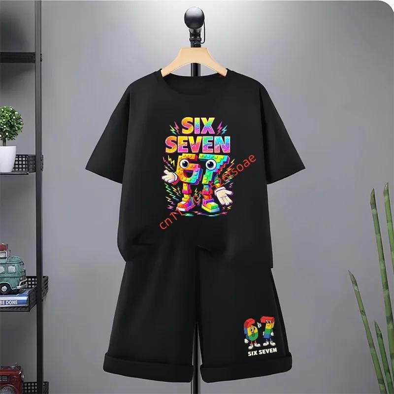 67 Çocuk Tişört 3-12 Yaş Yaz Altı Yedi Baskılı Kısa Kollu Sevimli Komik Moda Erkek Kız Bebek Üst+Şort 2 Parça Günlük Set