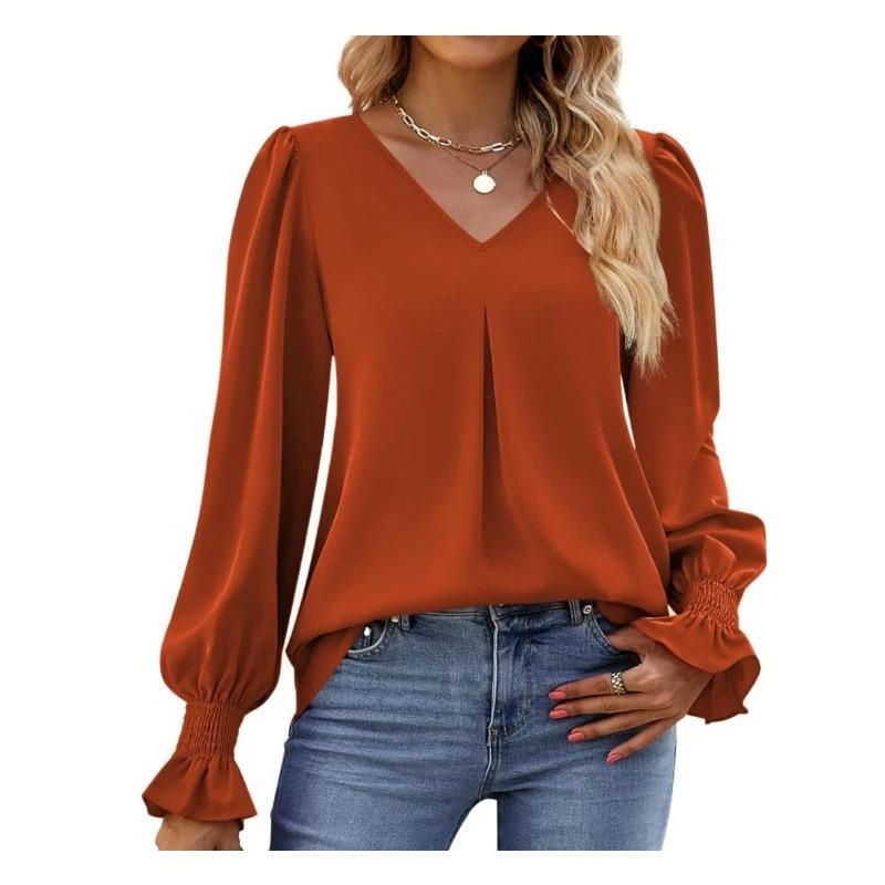 Spring and Summer New V-neck Pullover Trumpet Sleeve Top Solid Color Casual Long Shirt