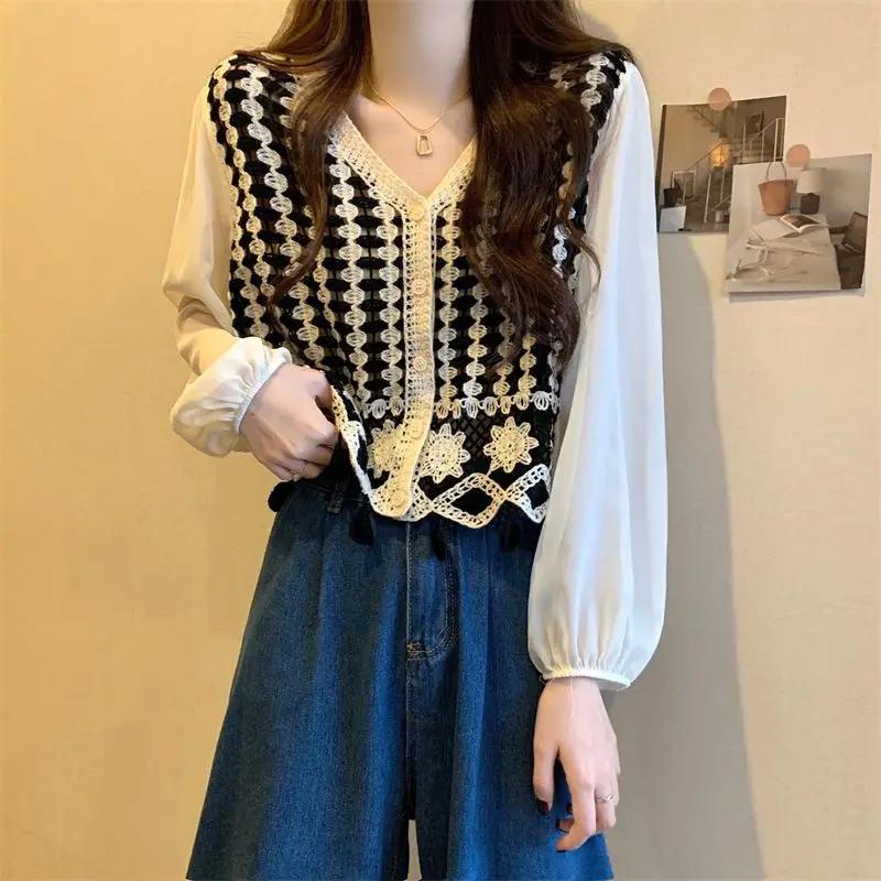 Hochtaillierter Strick-Cardigan Sonnenschutz-Shirt Blume Ausgehöhltes Top für Damen im Frühling V-Ausschnitt Kurz