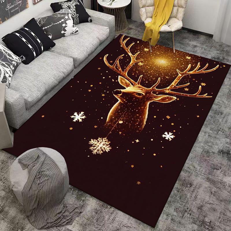 Christmas Reindeer Carpet with Snowflakes, Glitter Dark Brown Background Suitable for use as an anti-slip for living room bedroom sofas