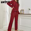 GMXIA Odzież domowa Damska Czerwona Kraciasta Koszula Kardigan z Długim Rękawem Długie Spodnie Zestaw Piżamowy