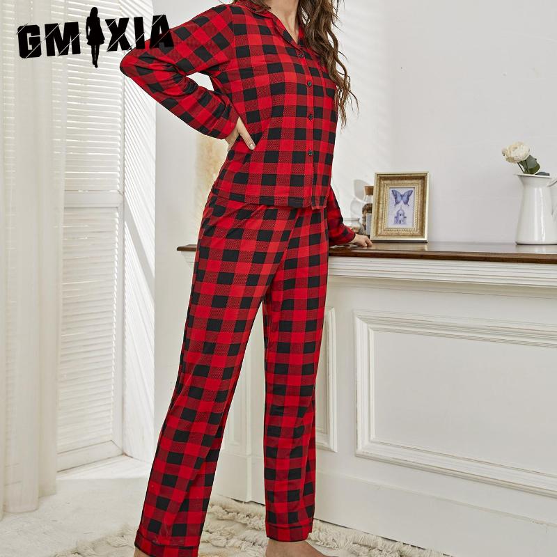 GMXIA Odzież domowa Damska Czerwona Kraciasta Koszula Kardigan z Długim Rękawem Długie Spodnie Zestaw Piżamowy