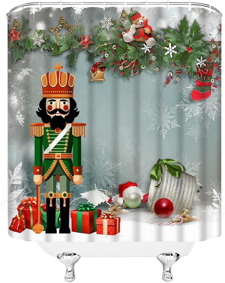 Funny Nutcracker Christmas Shower Curtain with Green Pine Twig Snowflake Pattern,  Winter Holiday Bathroom Decor for Festival