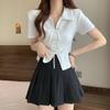 Large Size Shoulder Polo Collar Short-sleeved T-shirt Women's Summer Fat Mm Thin Loose Irregular Bow Short Top
