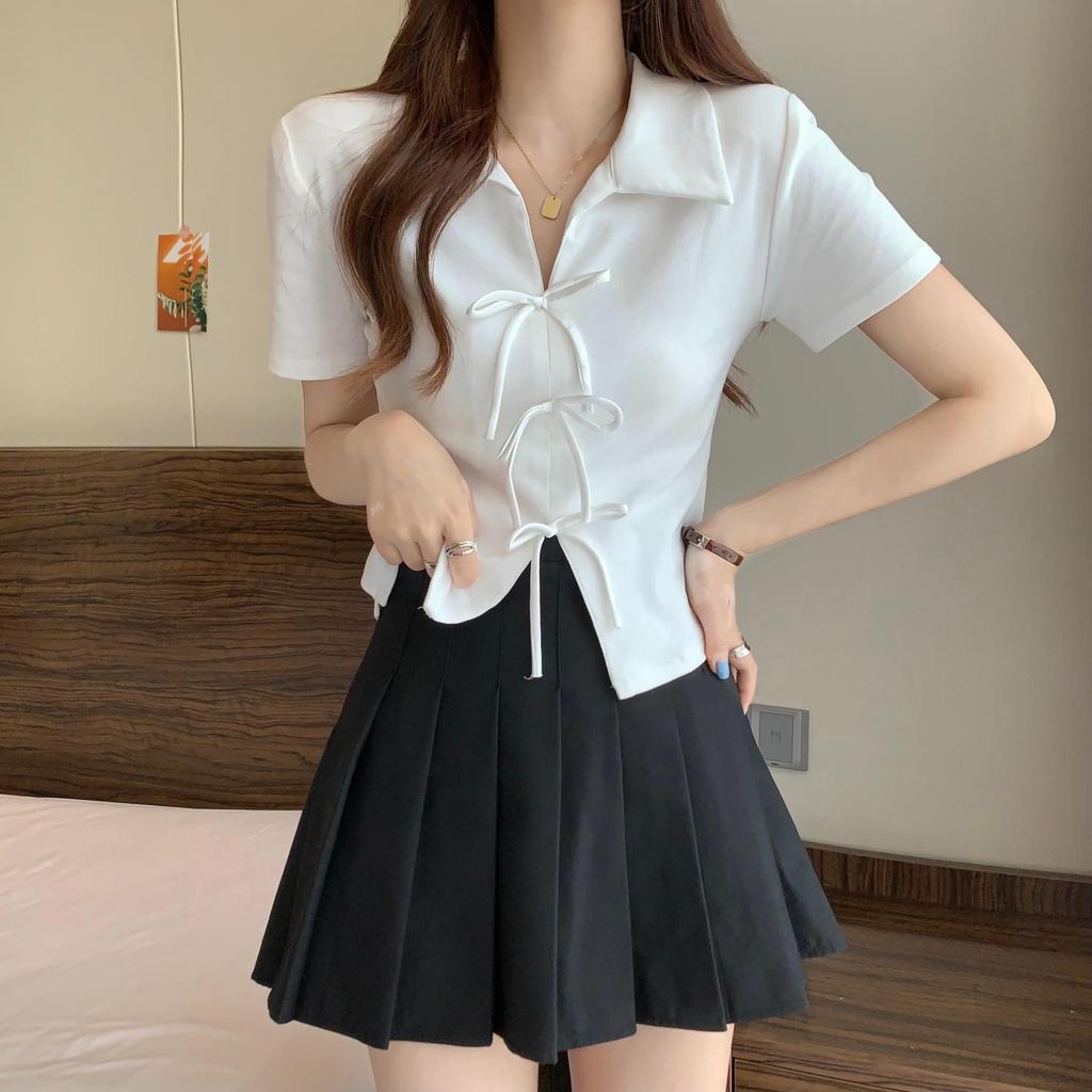 Large Size Shoulder Polo Collar Short-sleeved T-shirt Women's Summer Fat Mm Thin Loose Irregular Bow Short Top