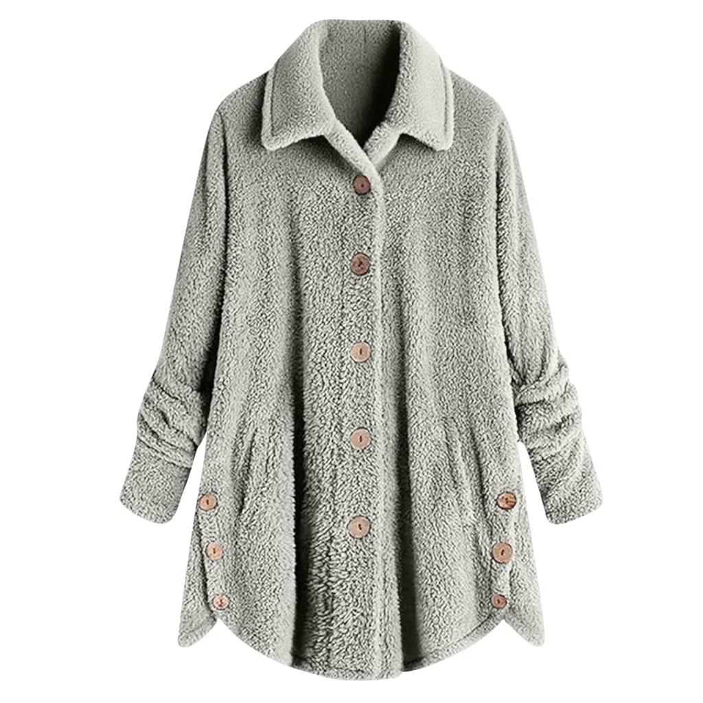 Women's Fashionable Plush Solid Color Button Pocket Lapel Long Sleeved Loose Warm Jacket
