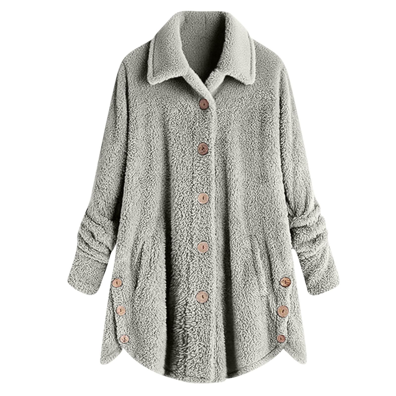 

Women s Fashionable Plush Solid Color Button Pocket Lapel Long Sleeved Loose Warm Jacket S