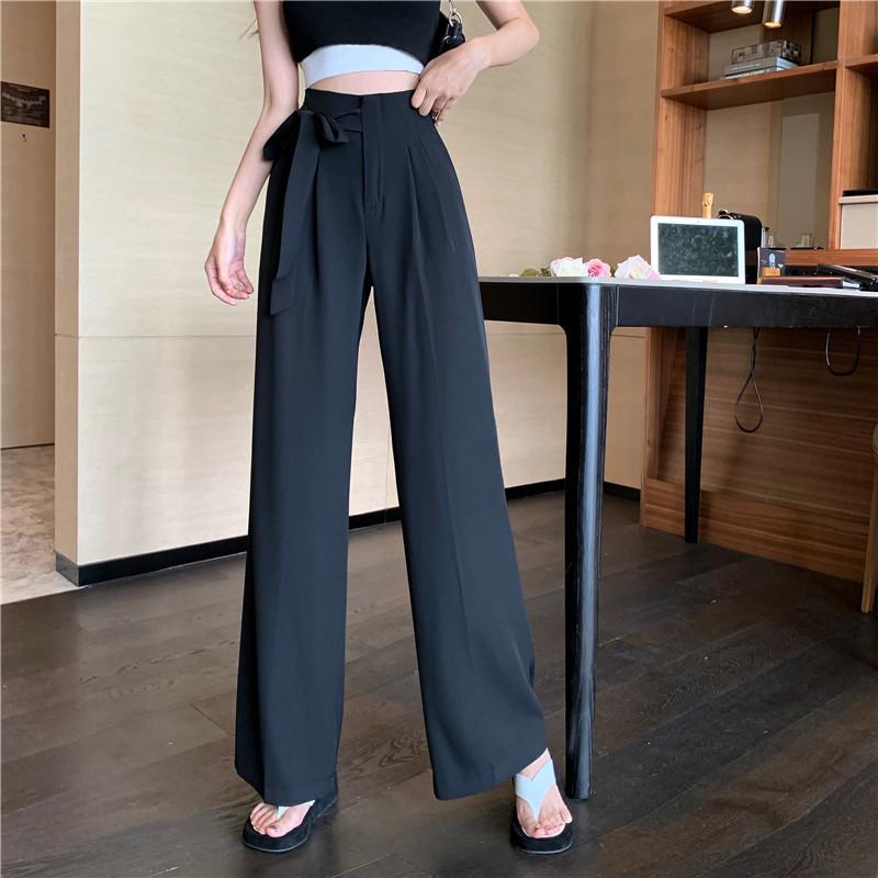 Women's High Waist Tie Waist Straight Leg Pants Loose Fit Casual Style Solid Color Polyester Dress Pants Spring Summer Trousers