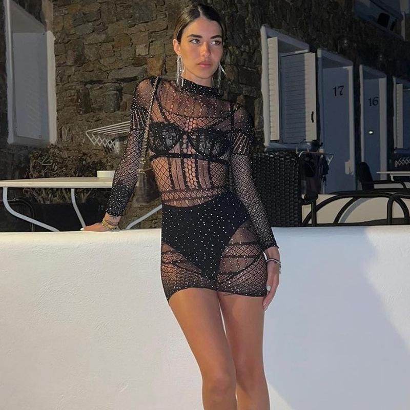 Danaiomei Damen Herbst Strass Cutout Halbochgeschlossenes Langarm Durchsichtiges Kleid T9130