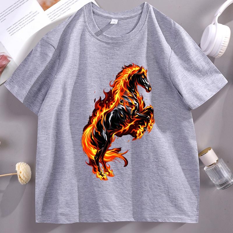 Fire Horse Graphic T Shirts Flaming Printed Tshirt Unisex Unisex Cotton Short Sleeve Round Neck Tshirt Comfortable Streetwear