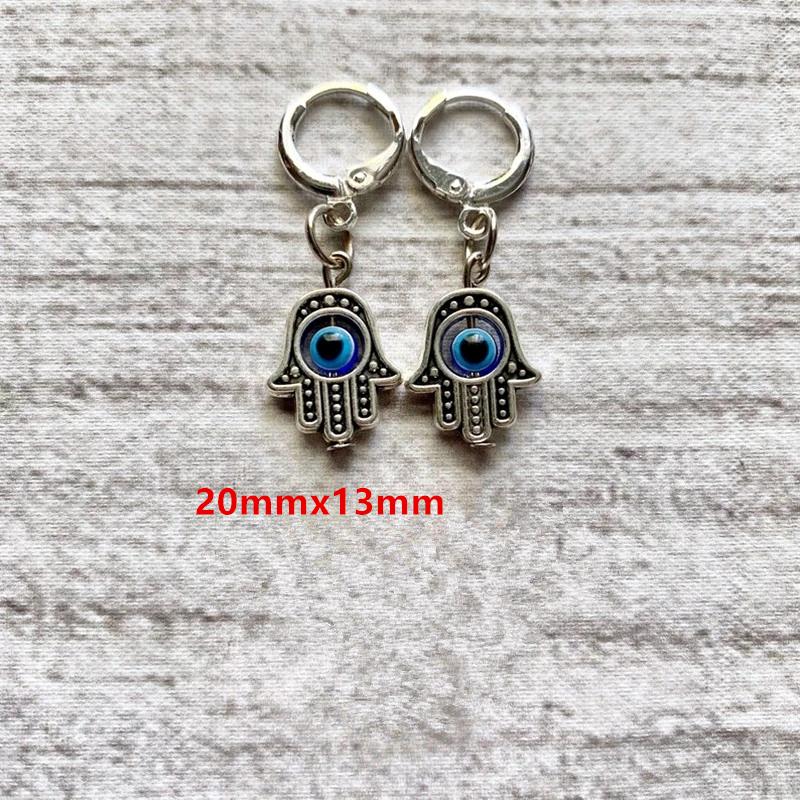 Vintage Silver Color Spiritual Protective Hamsa Hand & Blue Evil Eye Pendant Dangle Earrings for Women