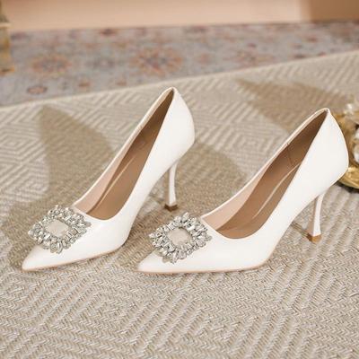 Scarpe col tacco alto con fibbia quadrata in cristallo francese - Eleganti scarpe da banchetto e da lavoro per donna.