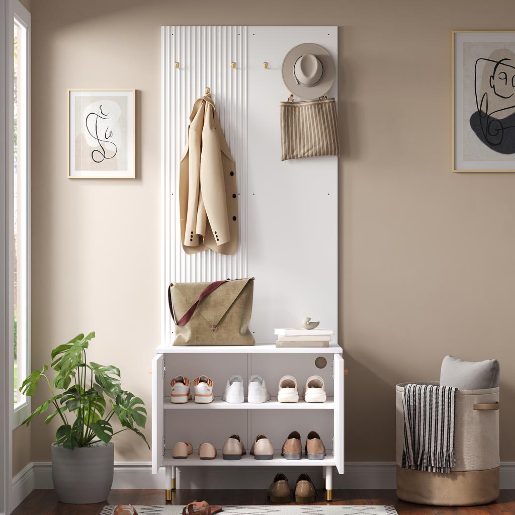 Wardrobe Cabinet, Clothes Shelf, Shoe Cabinet, Hallway Combination Cabinet, PB+MDF Cabinet, Coat Rack Wall with Hooks, Cylindrical Metal Feet