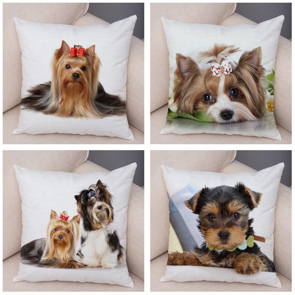 Cute Pet Animal Cushion Cover MINI Yorkshire Dog Polyester Pillowcase Decorative  Print  for Sofa Home Ca