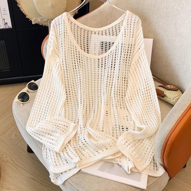 Hollow Knitted Women's Summer Lazy Loose Sun Protection Blouse Round Neck Design Long Sleeve Versatile Tops