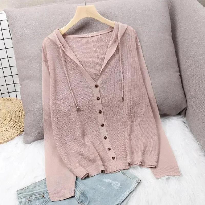 Summer Short Knitted Cardigan Coat Women's Hooded Ladies Solid Color Button Sun Protection Thin Outdoor Outwear