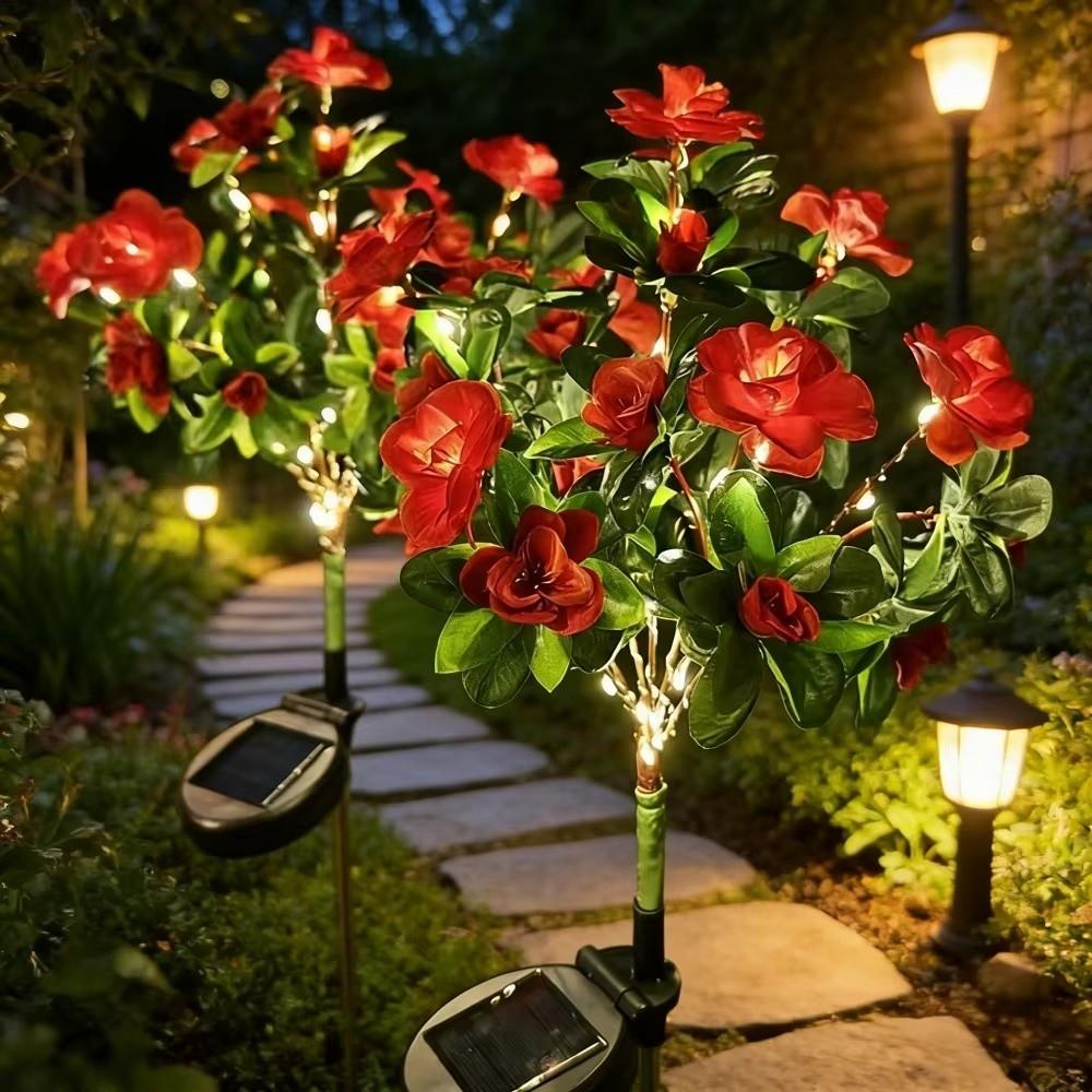 Red Azalea Flower Solar Powered Flower Stake Lights Pathway Decor Outdoor Pathway Lights