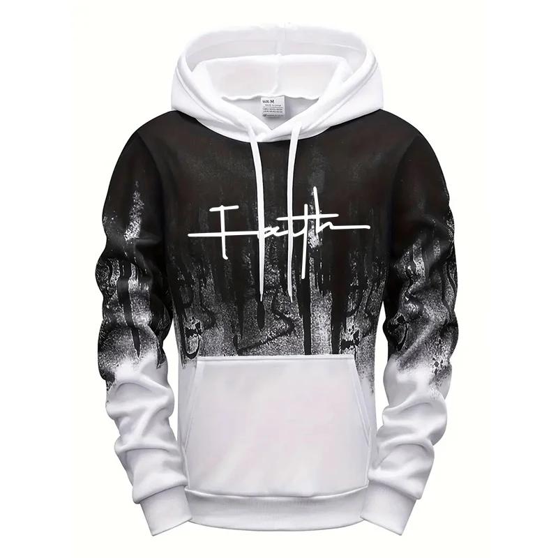 Faith Men Splatter Hoodie Fall Winter Streetwear Outdoor Sporty Hooded Sweatshirt Comfort Budget Athleisure Men's Clothes