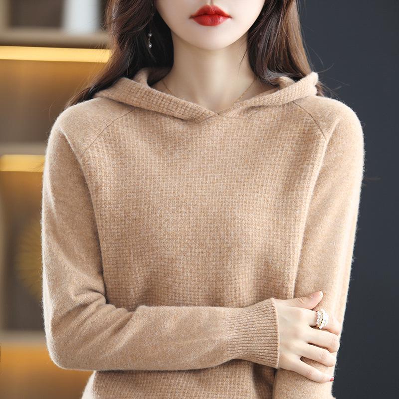 2023 Autumn/Winter Women's Pure Wool Hoodie Sweater - Cashmere Knit Pullover, Solid Color